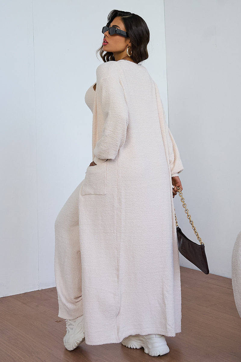 Cozy Fur Camisole & High Waist Trousers With Long Cardigan Three-Piece Set