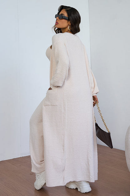 Cozy Fur Camisole & High Waist Trousers With Long Cardigan Three-Piece Set