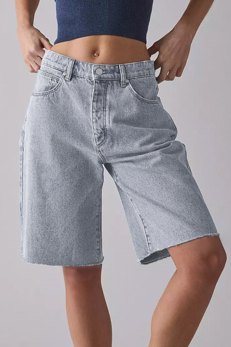 Classy Mid-Rise Tassel Hem Baggy Denim Shorts