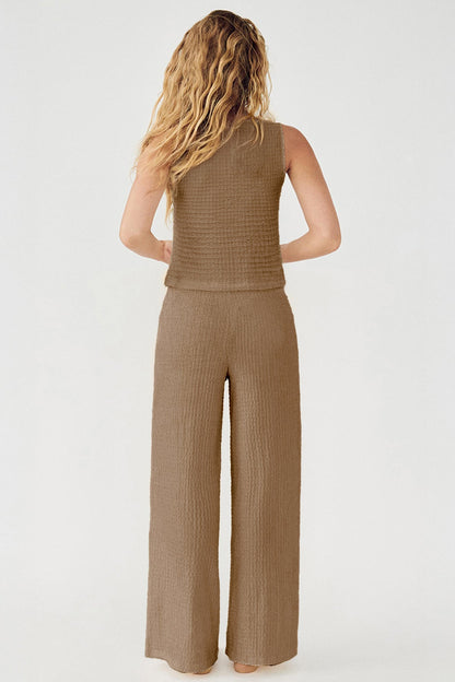 Leisure V-Neck Button Tank Top & Low-Rise Wide Leg Trousers Co-ord