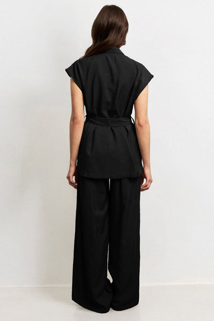 Notch Lapel Cap Sleeve Waist Tie Blazer Top & Wide Leg Trousers Co-ord