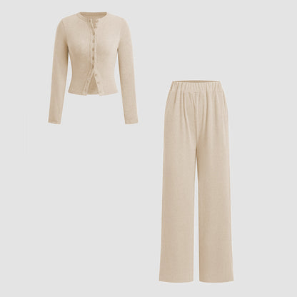 Minimalist Solid Button-Up Top & Wide-Leg Trousers Co-ord
