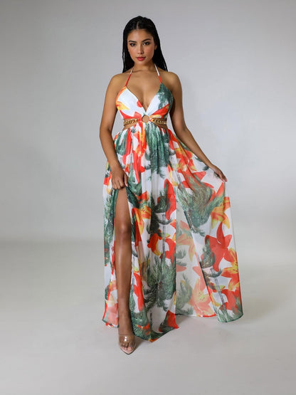 Vibrant Deep V Adjustable Halter Floral Print High Split Maxi Dress