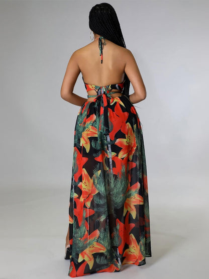 Vibrant Deep V Adjustable Halter Floral Print High Split Maxi Dress