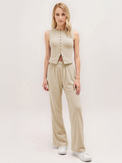 Leisure Round Neck Button Tank Top & Stretchy Trousers Co-ord