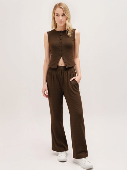 Leisure Round Neck Button Tank Top & Stretchy Trousers Co-ord