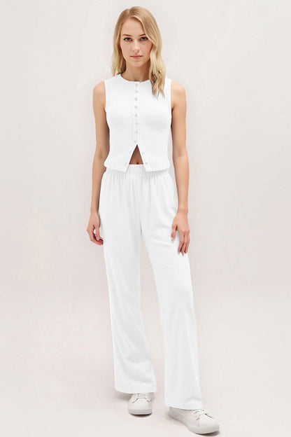 Leisure Round Neck Button Tank Top & Stretchy Trousers Co-ord