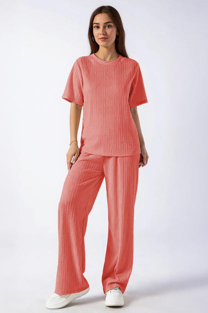 Cozy Solid Round Neck Short Sleeve Top & Wide Leg Trousers Co-ord