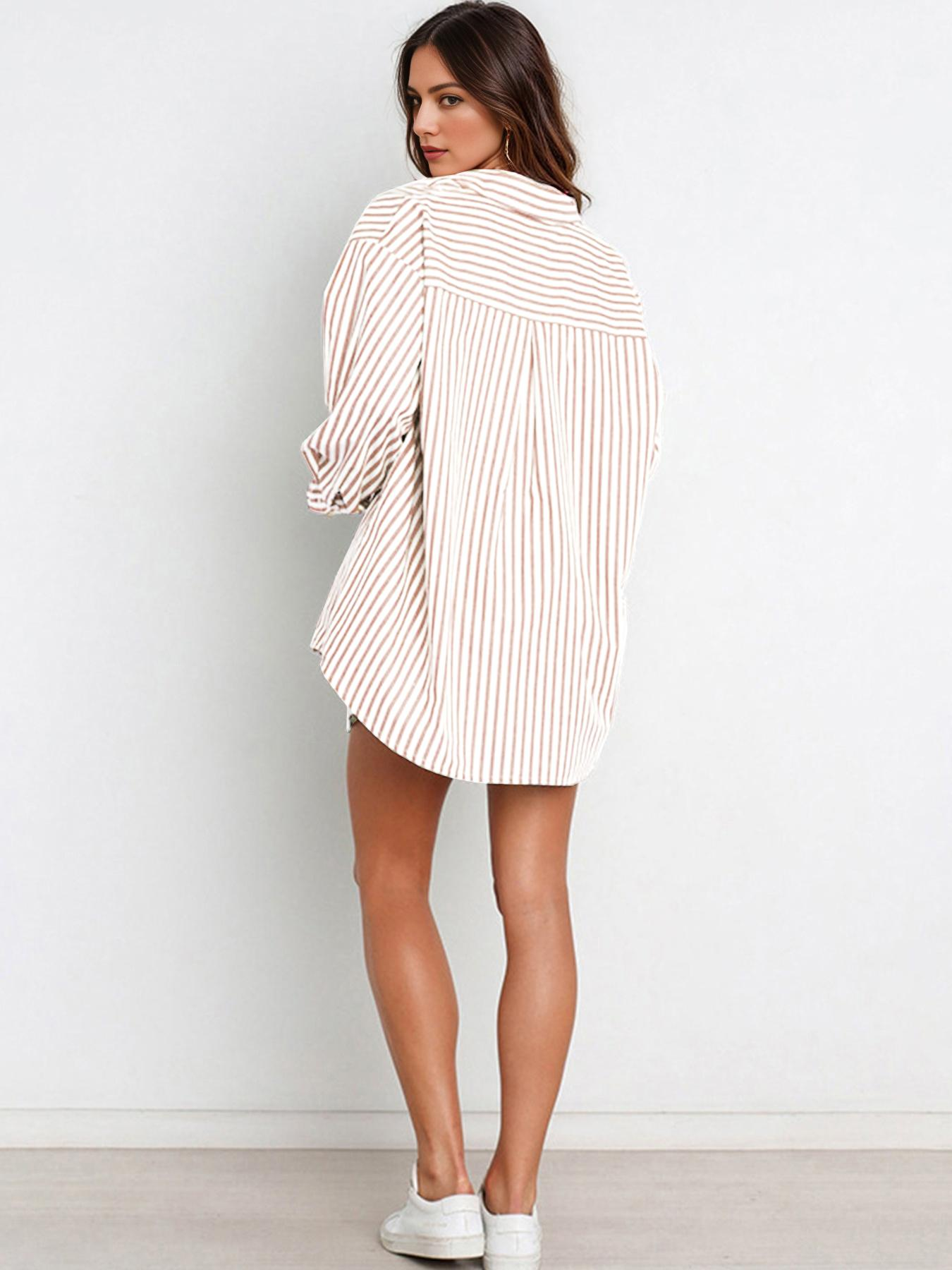 Casual Stripe Collared Button-Up Long Sleeve Shirt & Drawstring Waist Shorts Co-ord