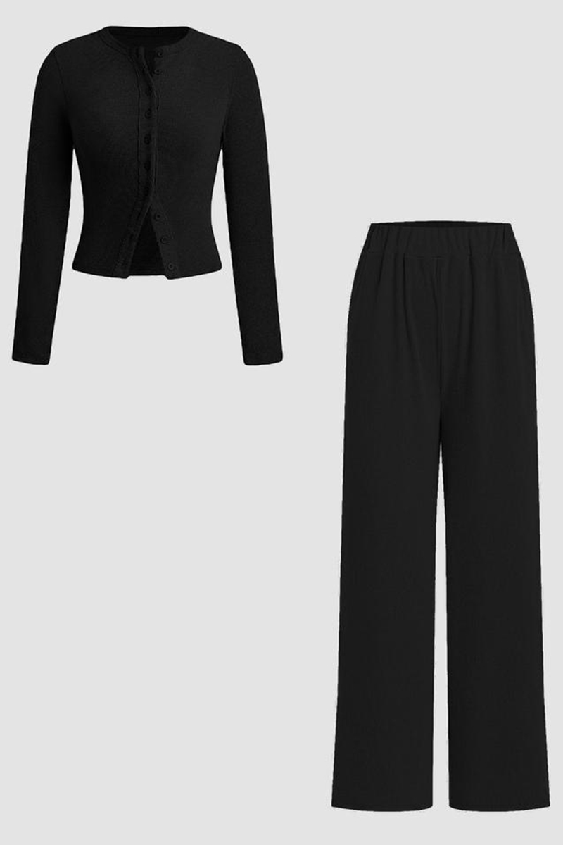 Minimalist Solid Button-Up Top & Wide-Leg Trousers Co-ord