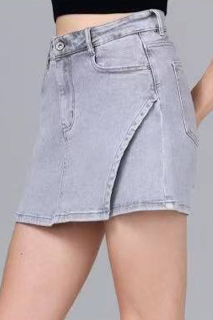 High Waist Denim Skirt Pants A-Line Multi-Pocket Layered