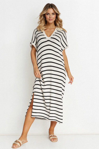 V-Neck Batwing Midi Dress Striped Collar Side-Slit Slouchy Summer