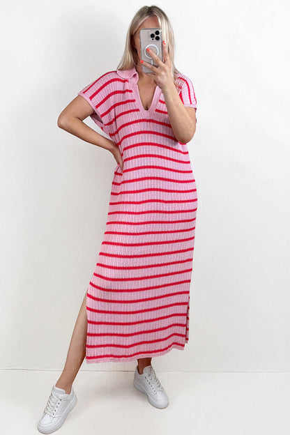 V-Neck Batwing Midi Dress Striped Collar Side-Slit Slouchy Summer