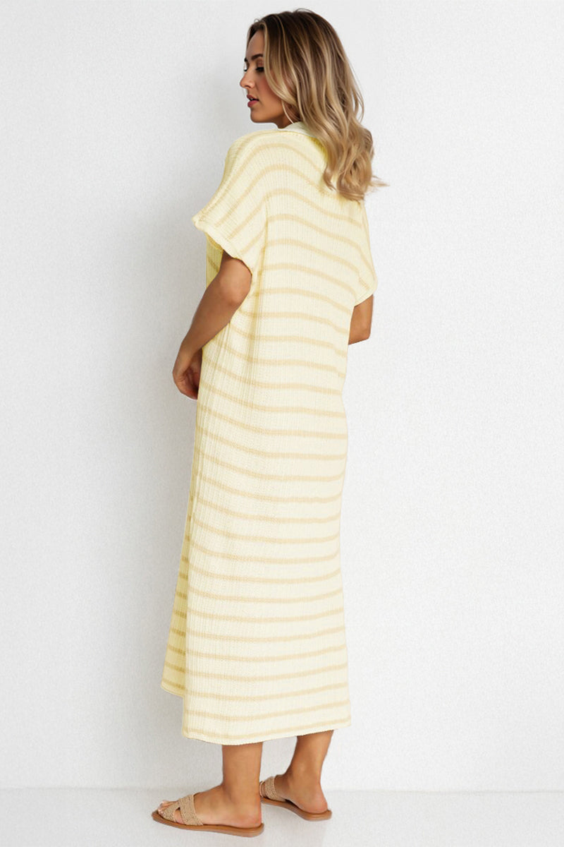 V-Neck Batwing Midi Dress Striped Collar Side-Slit Slouchy Summer