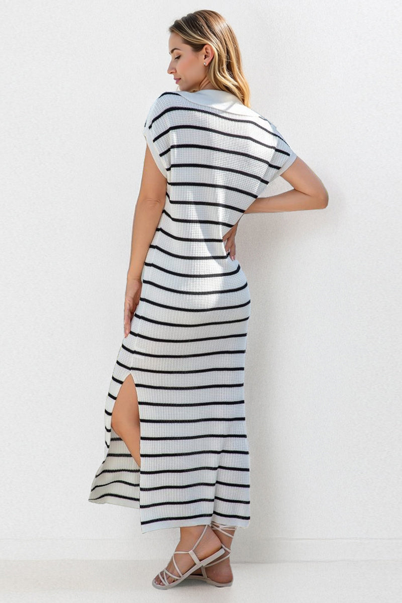 V-Neck Batwing Midi Dress Striped Collar Side-Slit Slouchy Summer