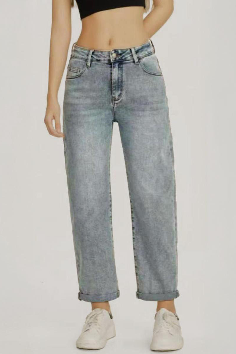 Mid-Rise Wide-Leg Jeans Roll Cuff Vintage Multi-Pocket Street Style