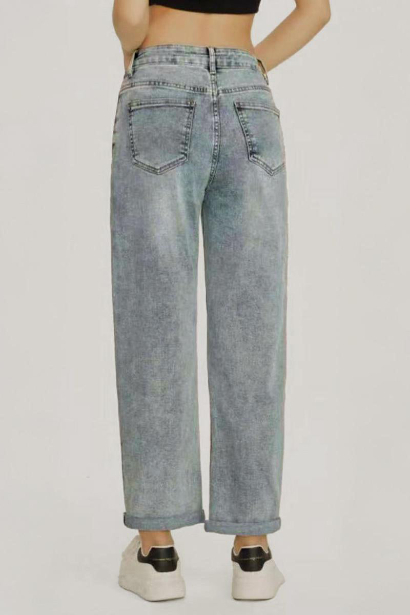 Mid-Rise Wide-Leg Jeans Roll Cuff Vintage Multi-Pocket Street Style