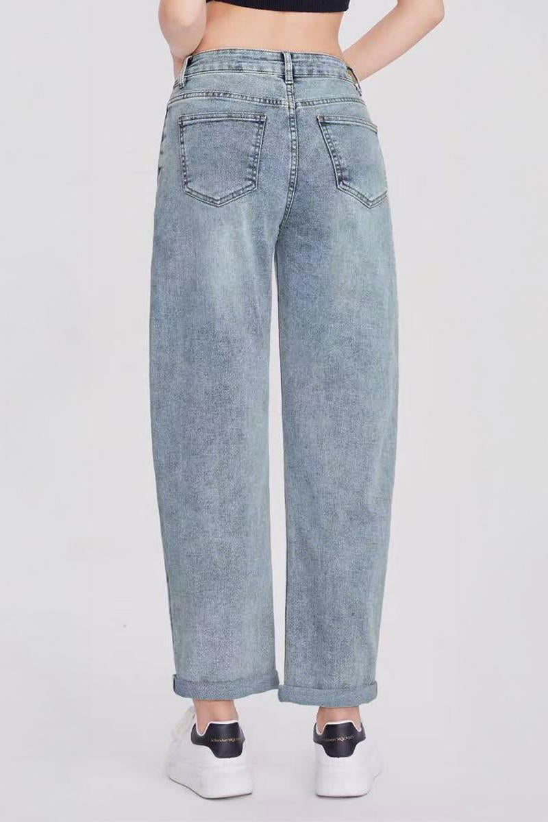 Mid-Rise Wide-Leg Jeans Roll Cuff Vintage Multi-Pocket Street Style