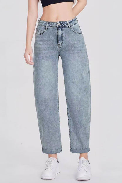 Mid-Rise Wide-Leg Jeans Roll Cuff Vintage Multi-Pocket Street Style