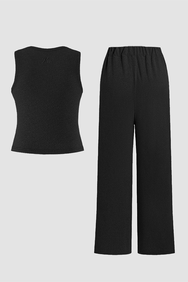 Solid Shelf-Bra Tank Top & Wide-Leg Trousers Summer Co-ord Set