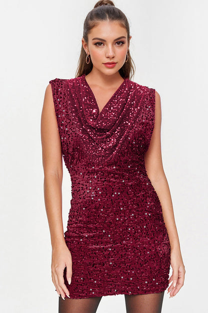 Cowl Neck Cap Sleeve All-Over Sequin Slinky Mini Dress