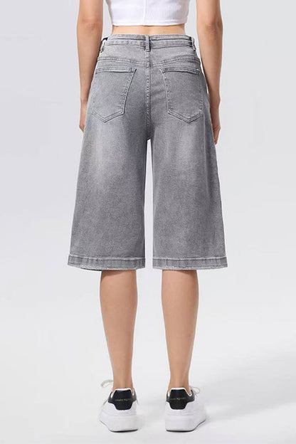 Classy Mid-Rise Asymmetrical Button Loose Straight Bermuda Shorts