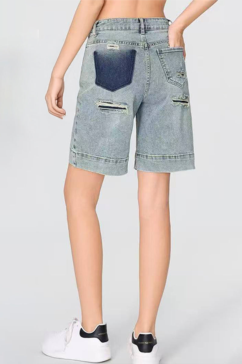 Punk Mid-Rise Loose Straight Ripped Denim Shorts
