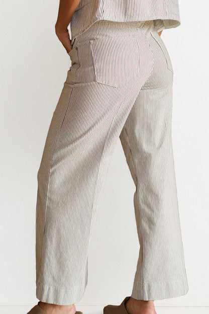 Elegant High Waist Wide Striped Multi-Pocket Jeans