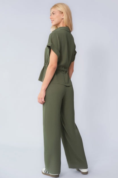 Versatile Collared Rolled-Up Short Sleeve Top & Wide Leg Trousers Co-ord