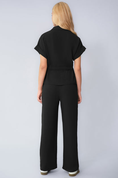 Versatile Collared Rolled-Up Short Sleeve Top & Wide Leg Trousers Co-ord
