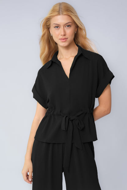 Versatile Collared Rolled-Up Short Sleeve Top & Wide Leg Trousers Co-ord