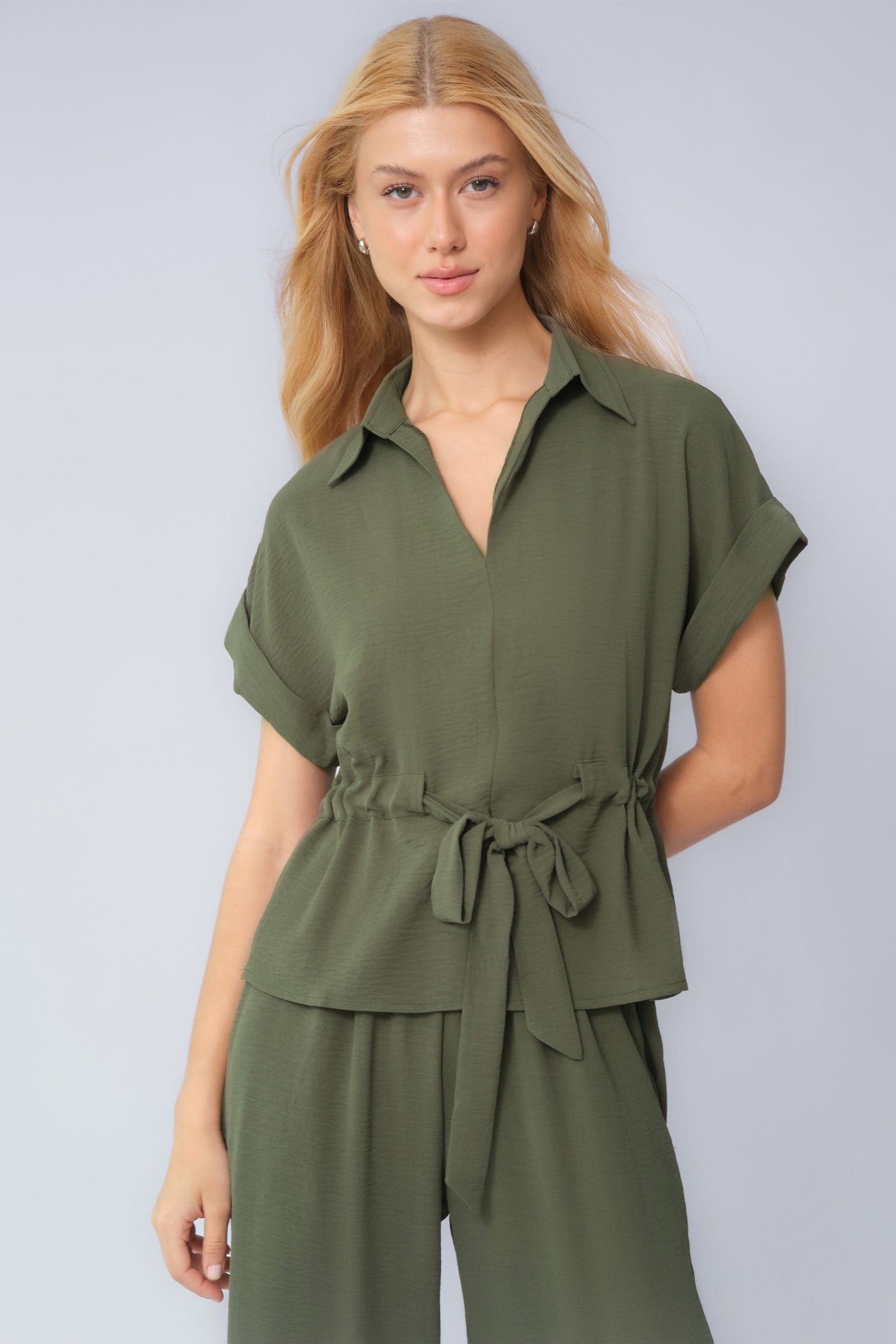 Versatile Collared Rolled-Up Short Sleeve Top & Wide Leg Trousers Co-ord