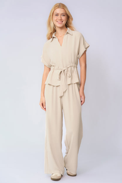 Versatile Collared Rolled-Up Short Sleeve Top & Wide Leg Trousers Co-ord