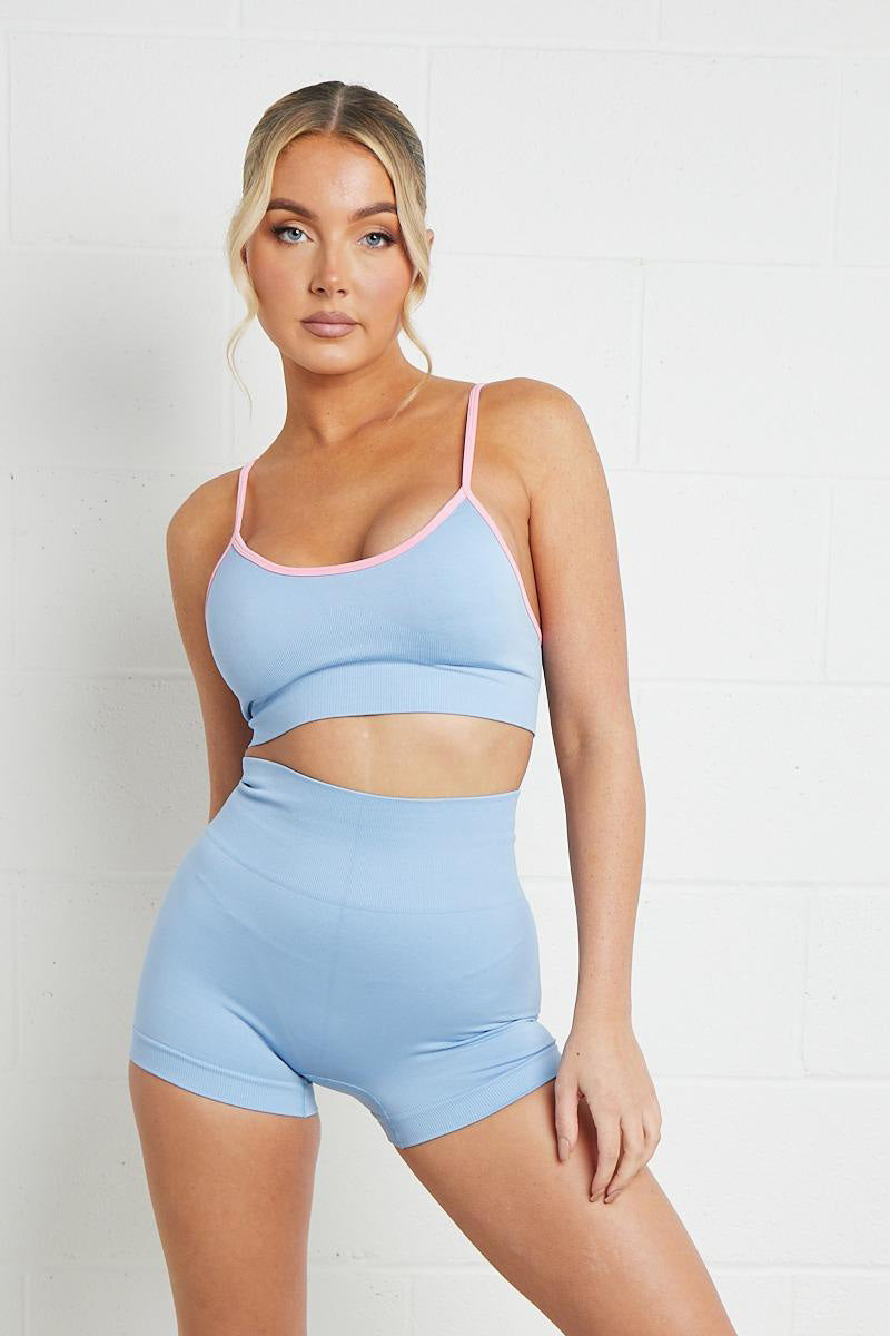 Contrasting Colors U Neck Straps Top & High Waist Shorts Yoga Co-ord