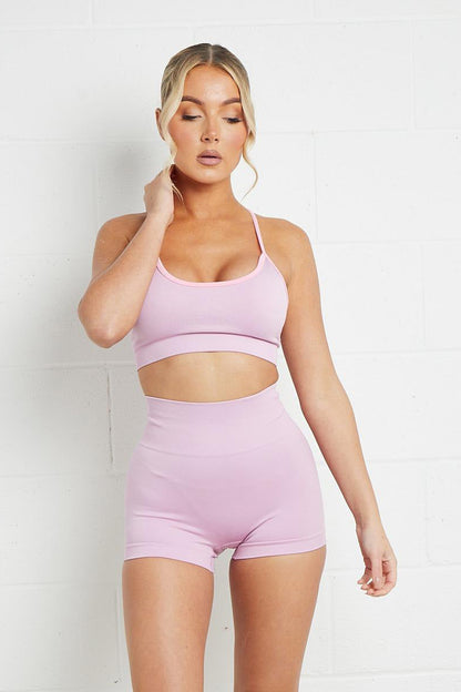 Contrasting Colors U Neck Straps Top & High Waist Shorts Yoga Co-ord