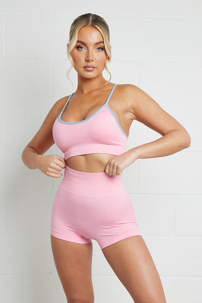 Contrasting Colors U Neck Straps Top & High Waist Shorts Yoga Co-ord