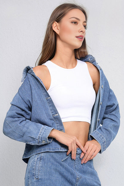Casual Solid Color Long Sleeve Button Denim Jacket & Drawstring Waist Wide Leg Trousers Co-ord