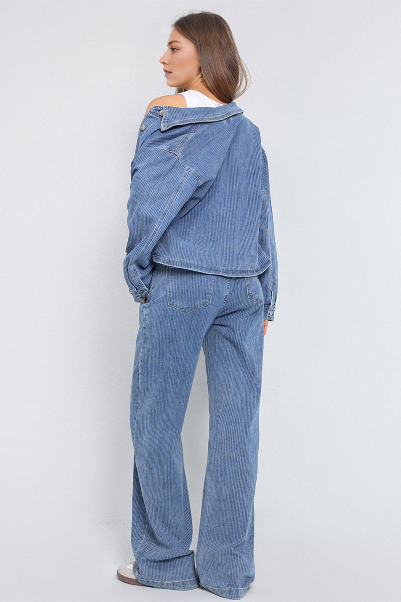Casual Solid Color Long Sleeve Button Denim Jacket & Drawstring Waist Wide Leg Trousers Co-ord