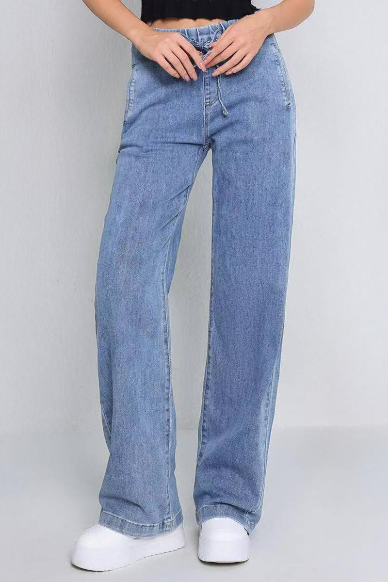 Casual Solid Color Long Sleeve Button Denim Jacket & Drawstring Waist Wide Leg Trousers Co-ord