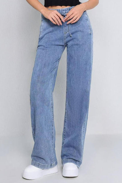 Casual Solid Color Long Sleeve Button Denim Jacket & Drawstring Waist Wide Leg Trousers Co-ord