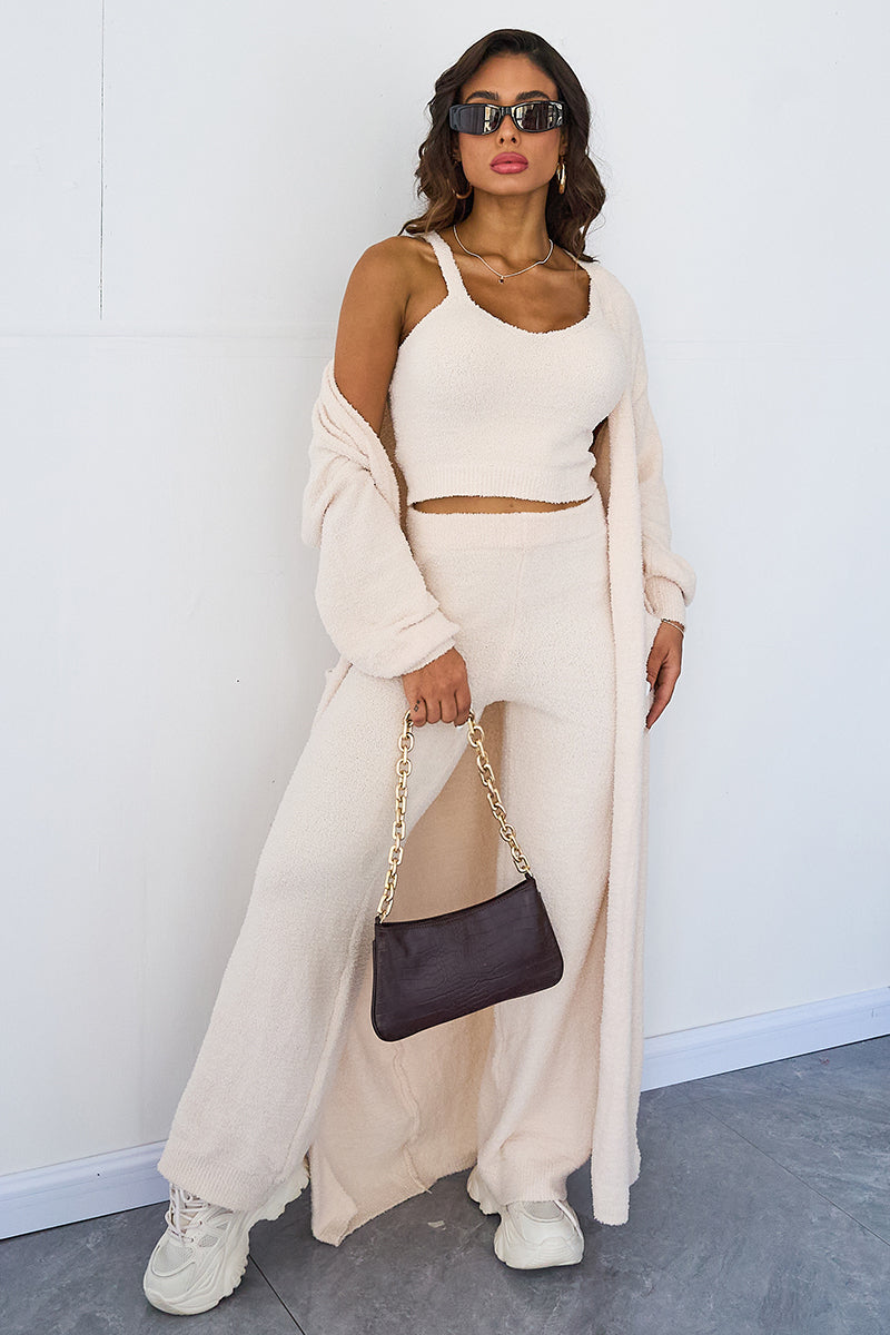 Cozy Fur Camisole & High Waist Trousers With Long Cardigan Three-Piece Set