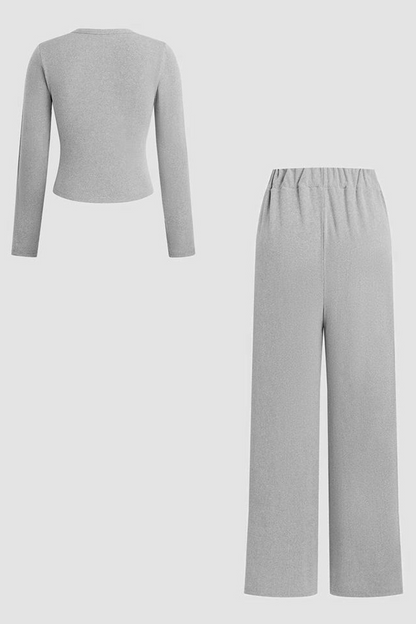 Minimalist Solid Button-Up Top & Wide-Leg Trousers Co-ord