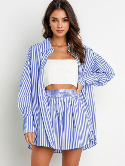 Casual Stripe Collared Button-Up Long Sleeve Shirt & Drawstring Waist Shorts Co-ord