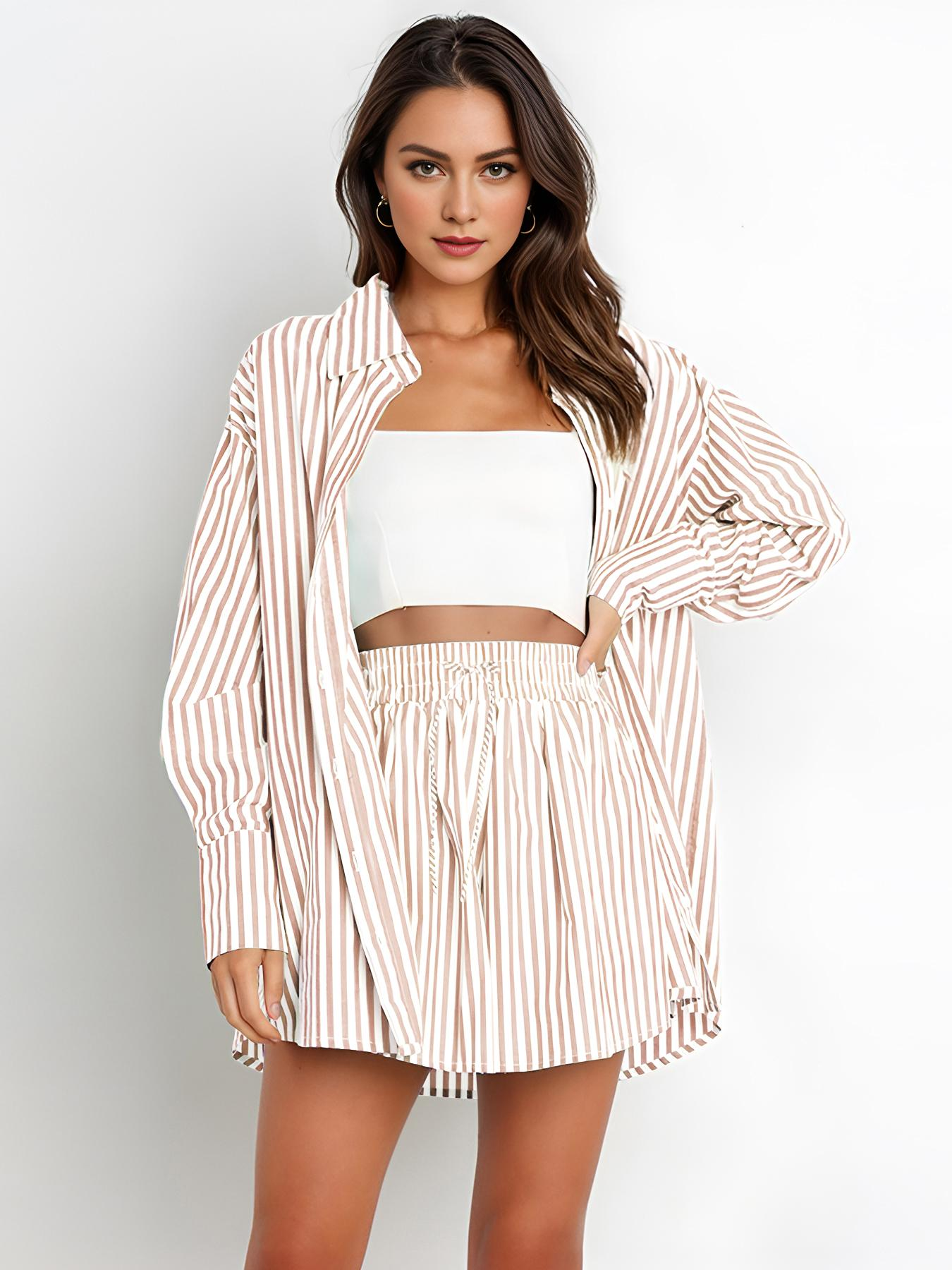 Casual Stripe Collared Button-Up Long Sleeve Shirt & Drawstring Waist Shorts Co-ord