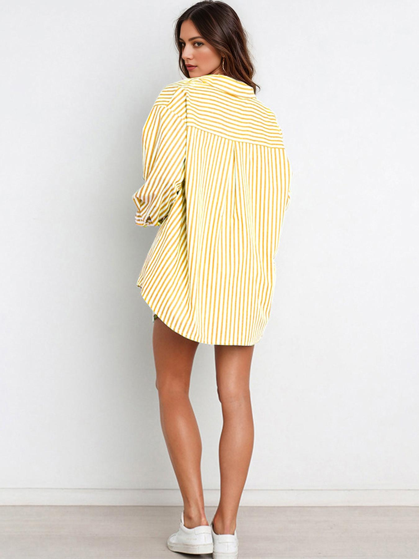 Casual Stripe Collared Button-Up Long Sleeve Shirt & Drawstring Waist Shorts Co-ord
