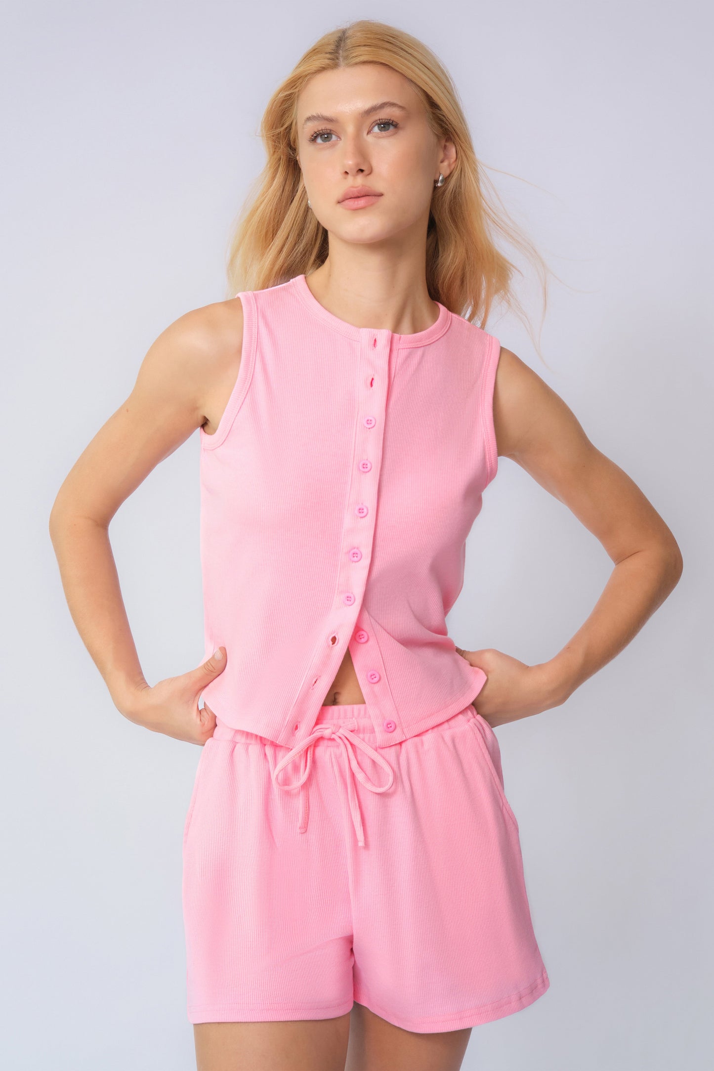 Minimalist Button-Up Tank Top & Drawstring Waist Shorts Co-ord