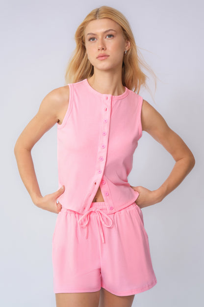 Minimalist Button-Up Tank Top & Drawstring Waist Shorts Co-ord