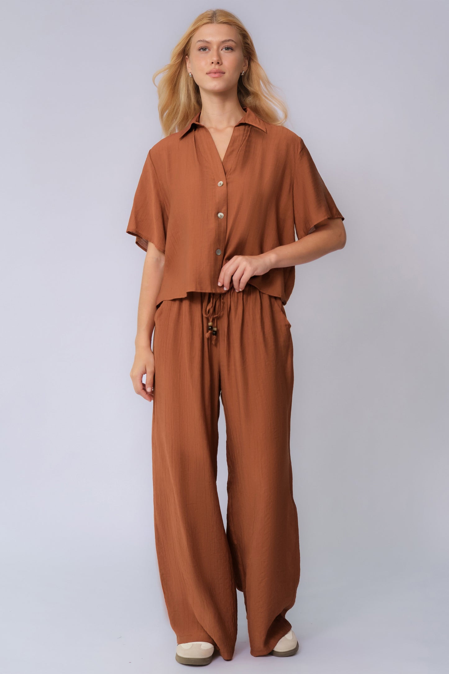 Classy Solid Color Collared Shell Button Loose Top & Drawstring Wide Leg Trousers Co-ord