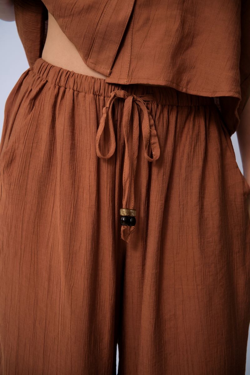 Classy Solid Color Collared Shell Button Loose Top & Drawstring Wide Leg Trousers Co-ord