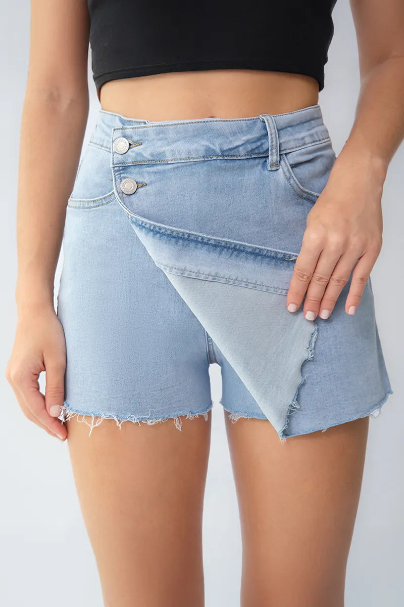 Layered High Waist Raw Hem Denim Skorts with Tassel Detail